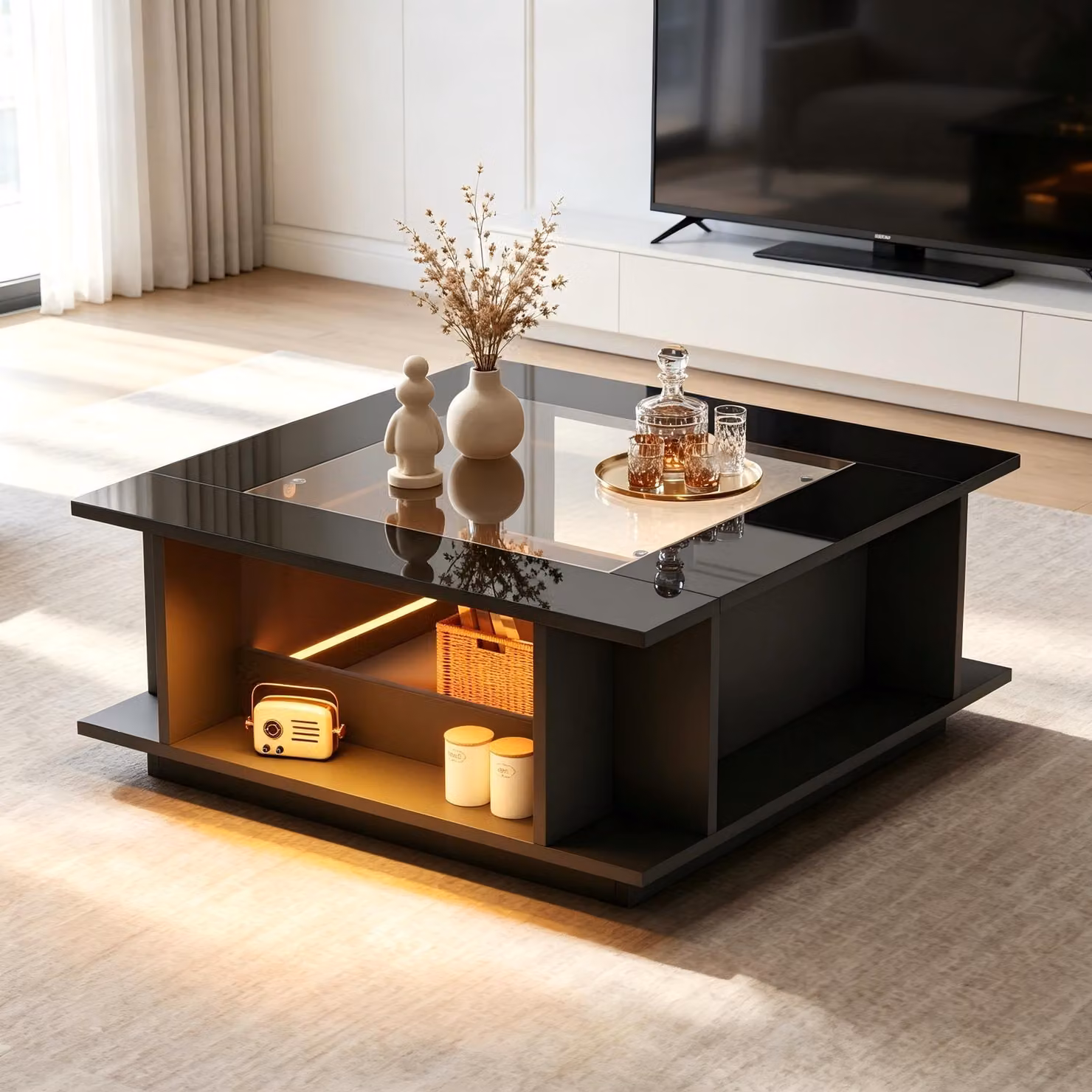 Tavolino da divano quadrato con piano in vetro e illuminazione LED, tavolino ausiliario con superficie lucida, tavolino da soggiorno nero, capacità fino a 30 kg