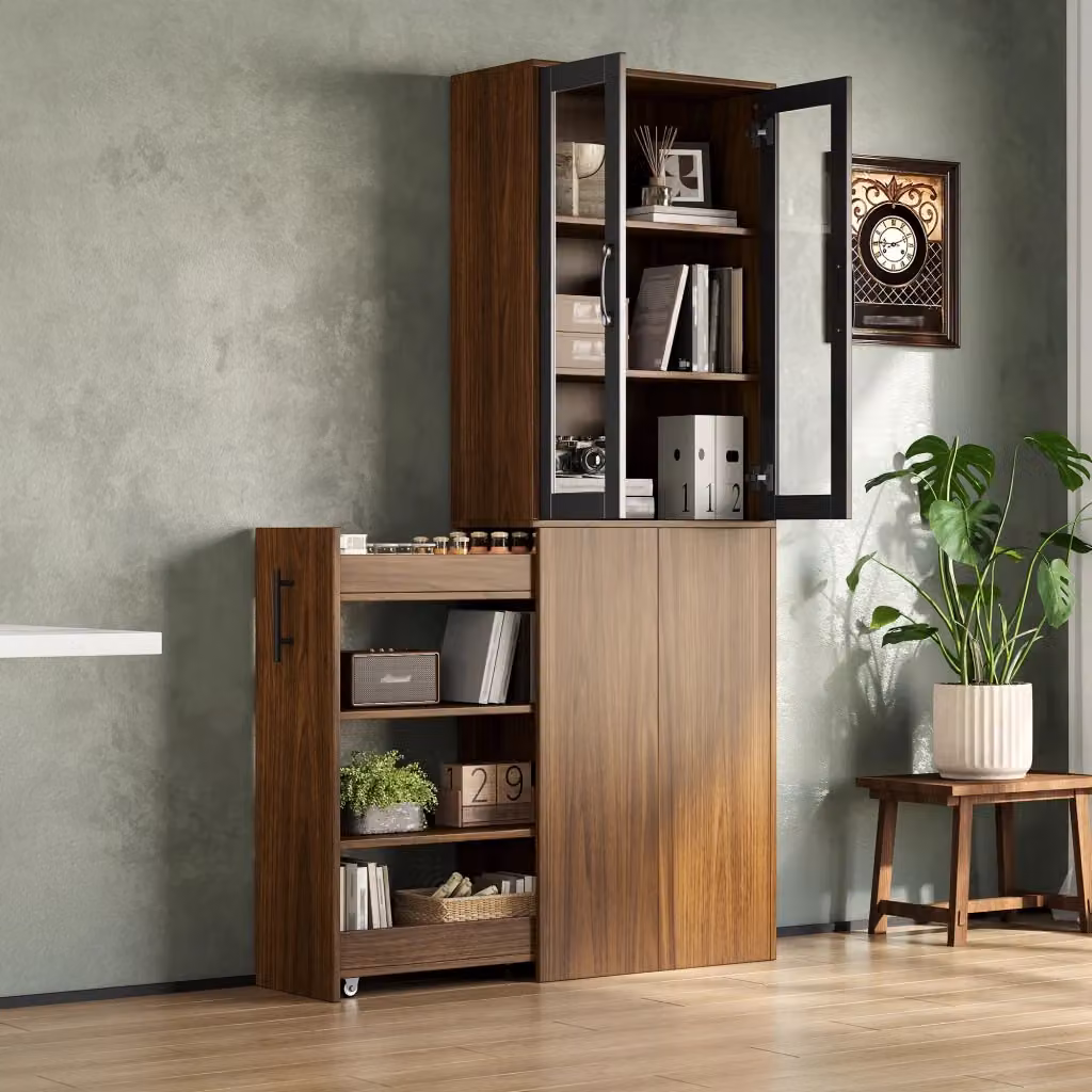 Colonna portaoggetti REDOM con ante in vetro, finitura opaca nero e marrone, L/P/H: 60 x 30 x 180 cm – 2
