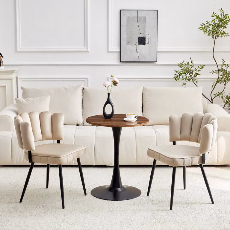 Set tavolo e sedie, tavolo rotondo da 60 cm, in MDF, 2 sedie imbottite, schienale a forma di petalo (colore: marrone chiaro, noce e nero)