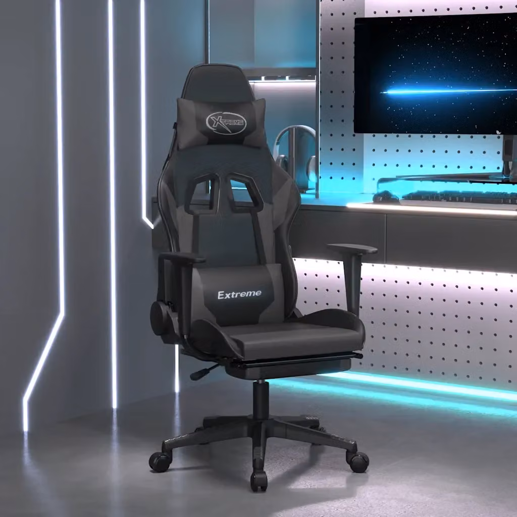Sedia da Gaming e E-sports con Poggiapiedi e Massaggio, Rivestimento in Similpelle Nero e Grigio – 2
