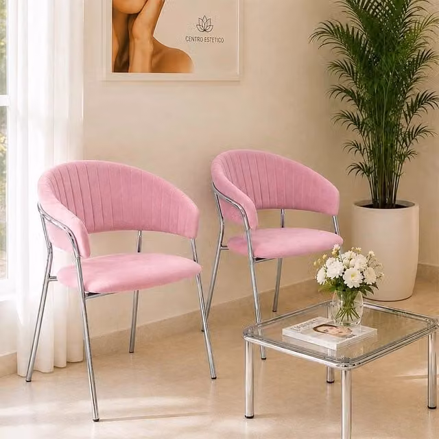 Set di 2 sedie da pranzo Aurelia in velluto rosa con gambe in metallo cromato per soggiorno e sala da pranzo