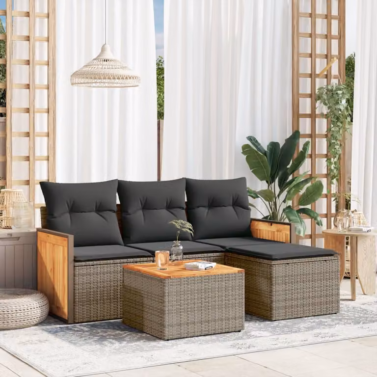 vidaXL Set Divano da Giardino 5 pz a L in Polyrattan Grigio con Cuscini e Tavolino