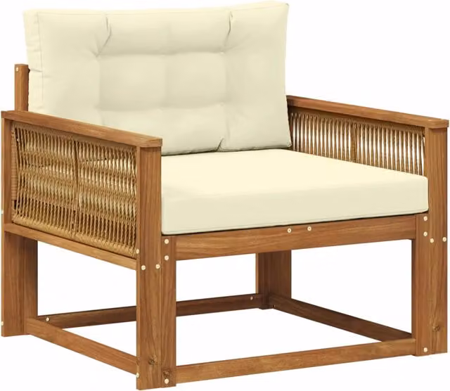 Divano centrale da esterno in legno di acacia massello con cuscini beige e marroni DESIGN IN CFW2831215 – 1