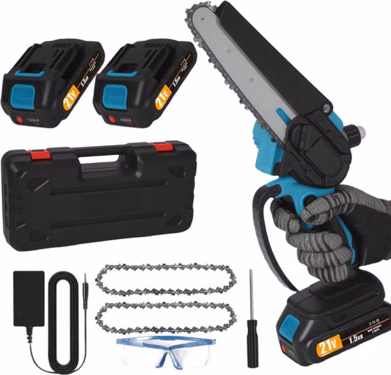 Motosega elettrica, lama da 15 cm, motore potente, 2 batterie
