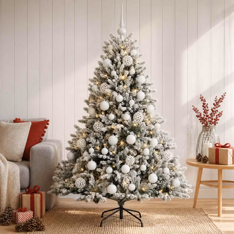 Albero di Natale artificiale moderno vidaXL verde con 150 LED bianco caldo e palline bianche, Altezza: 120 cm