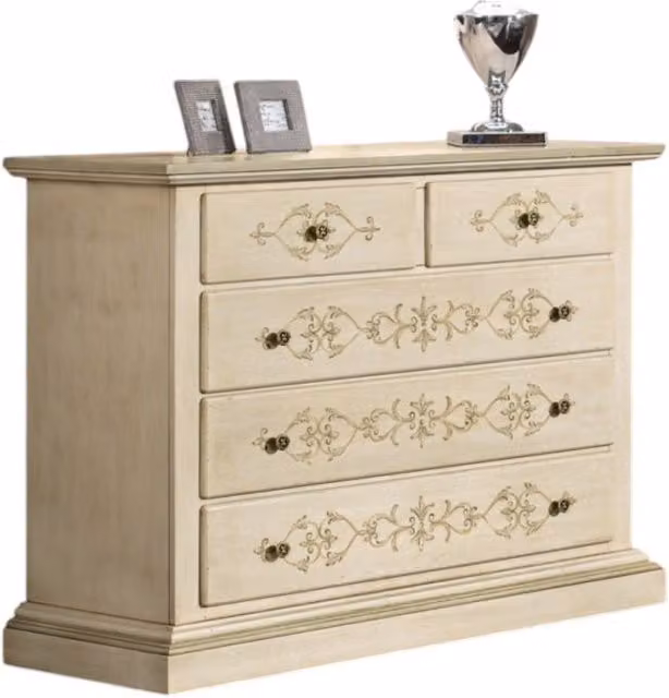 Cassettiera in legno shabby chic con 5 cassetti Mobili 2G avorio anticato e decorazioni floreali verdi L: 125 cm, P: 51 cm, H: 98 cm – 1