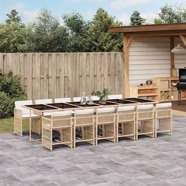Set da pranzo da giardino vidaXL in polyrattan con cuscini beige e piano in vetro, 13 pezzi – 1