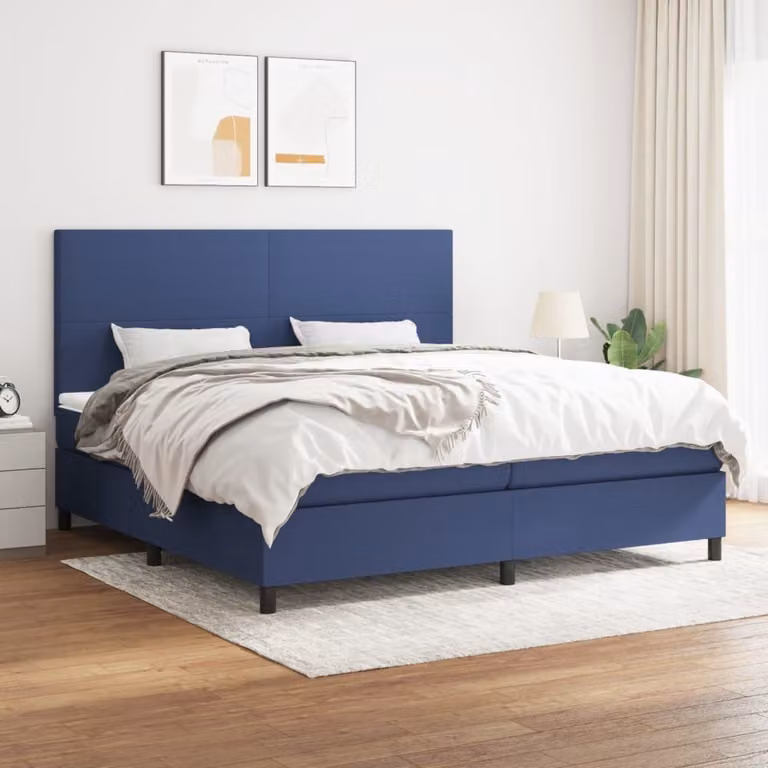 The Living Store Letto a molle con materasso blu 200x200 cm in tessuto