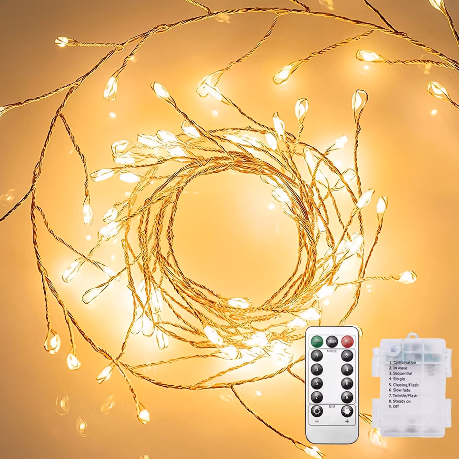 Catena luminosa, confezione da 2, lunghezza 6 metri, 200 LED bianco caldo, 8 modalità, con telecomando
