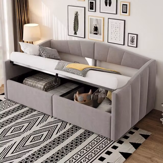 Letto imbottito 90x200 cm grigio chiaro in velluto con contenitore idraulico
