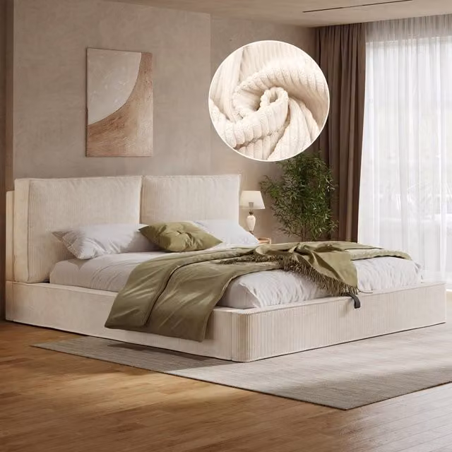 Letto Imbottito Matrimoniale Idraulico con Rete a Doghe e Testiera ¨C MINIMAL ¨C Beige, Cord, 180x200