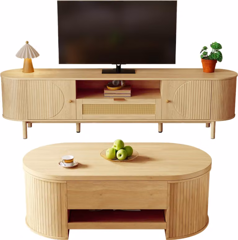 Set di mobili da soggiorno Sweiko con tavolino regolabile in altezza e mobile TV - design moderno, spazio per riporre oggetti, bordi arrotondati - coordinato in modo armonioso (disponibile anche singolarmente)