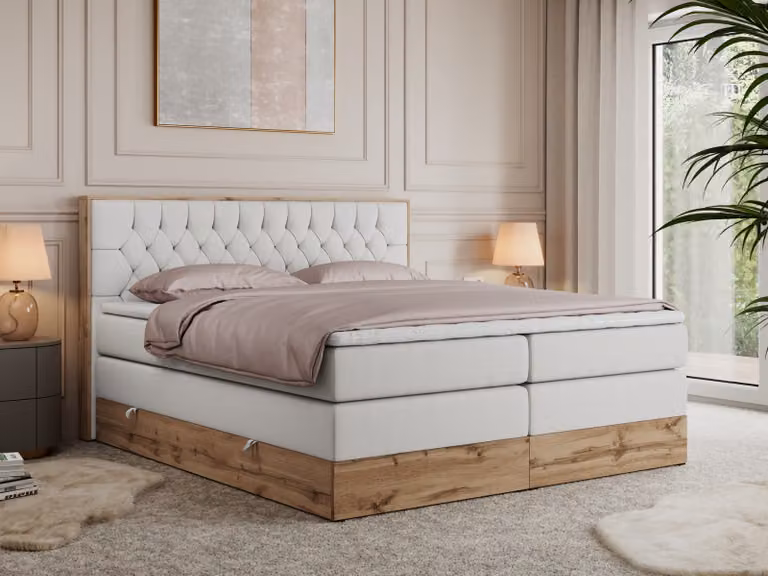 Letto continentale Boxspring AMORE KING con contenitore - 200x200 cm - Materasso H4 - Ecopelle bianca - Topper T25