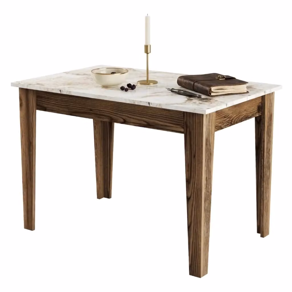 Tavolo rettangolare moderno DMORA per 6 persone con piano in marmo bianco e struttura in legno marrone, L: 110 cm, P: 72 cm, H: 75 cm – 2