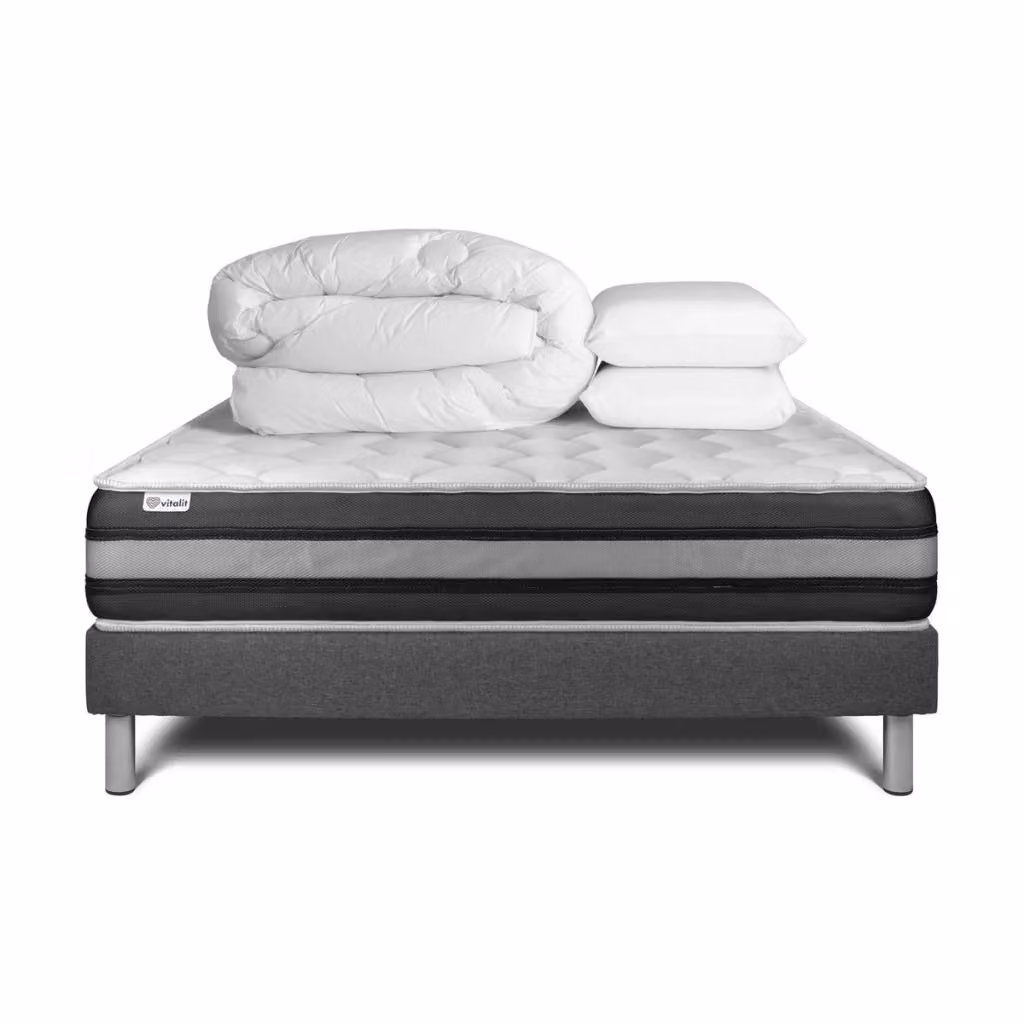 Pacchetto letto completo Vitalspring Zen con materasso ibrido memory foam, box spring con doghe, 2 cuscini e piumino, colore grigio, L/P: 200 x 200 cm – 2