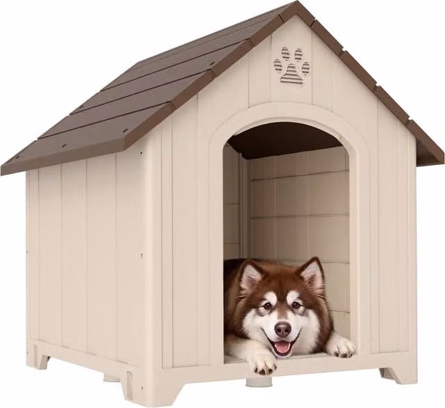 Cuccia per cani rialzata con tetto Minimal in plastica, L: 102 cm, P: 94 cm, H: 103 cm, Beige e Marrone Scuro