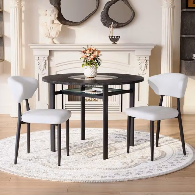 Set tavolo rotondo Mivray con 2 sedie in PU bianco e tavolo in MDF nero con inserti in vetro e ripiano inferiore
