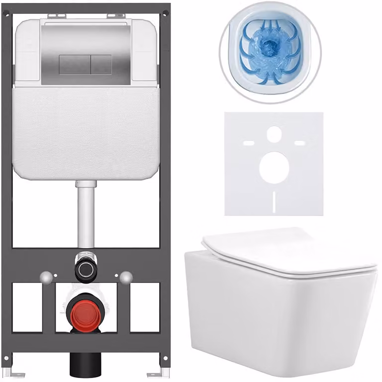 CERANO - Set WC da incasso Forte - bianco lucido - pulsante Prime/Modulo, argento - sospeso - installazione pre-parete/cartongesso - 51x36 cm