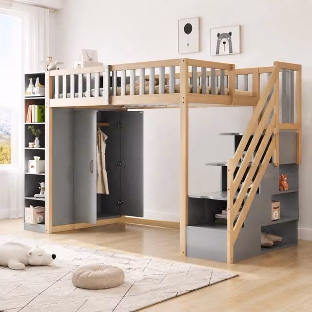 Letto a soppalco 90x200 cm grigio effetto legno con armadio, scale contenitore e ripiani