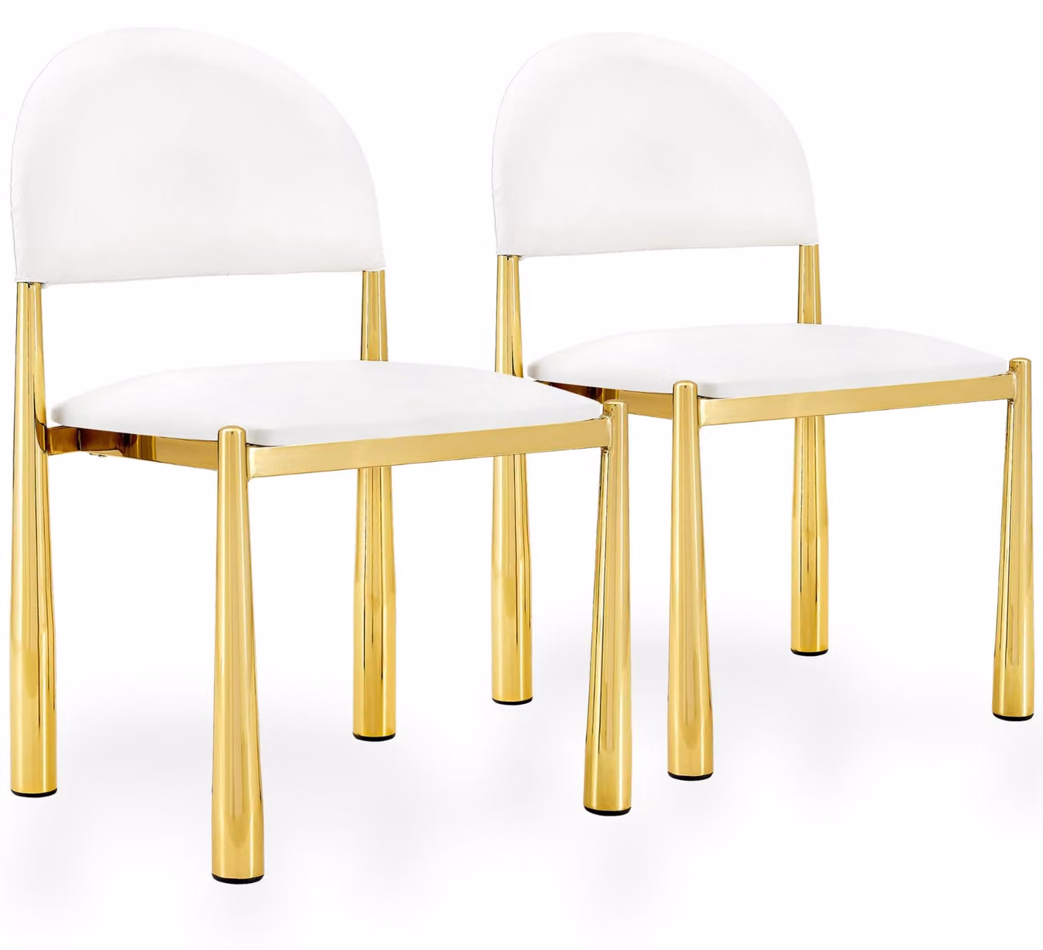 Set di 2 sedie da pranzo in ecopelle, con schienale imbottito a forma semicircolare e gambe in metallo, colore bianco/oro