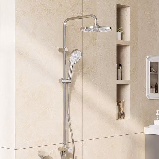 Sistema doccia Unyqoos® cromato senza miscelatore – soffione a pioggia XL da 25 cm, doccetta manuale con 3 getti, attacco G12, valvola di deviazione, tubi in acciaio inossidabile da 150/80 cm