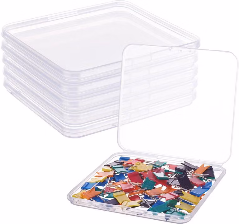 Set di 6 contenitori trasparenti in plastica per la conservazione di piccoli oggetti, dimensioni 12,5 x 11,2 x 1,1 cm, con coperchio a ribalta