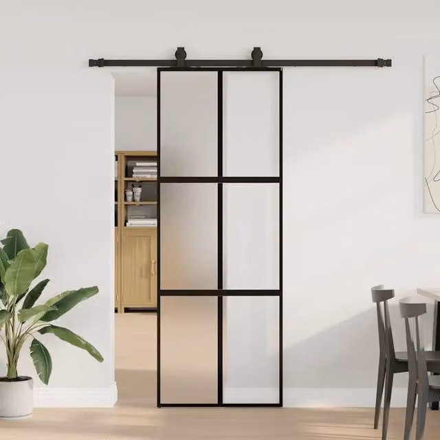 Porta Scorrevole Moderna vidaXL in Vetro e Alluminio Nero L: 76 cm, H: 205 cm