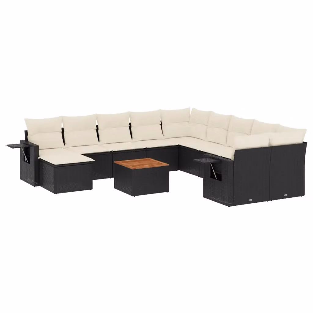 Set di Divani da Giardino vidaXL a Forma a U in Polyrattan Nero con Cuscini e Tavolino da Esterno – 2