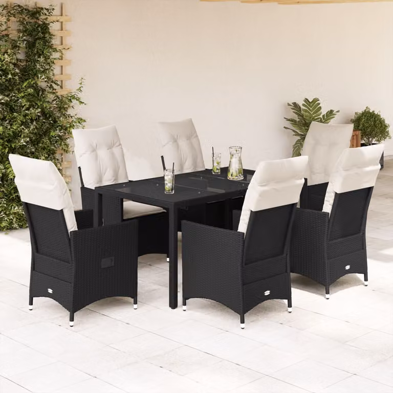 Set da Pranzo da Giardino vidaXL 7 pz in Polyrattan e Vetro Nero e Bianco