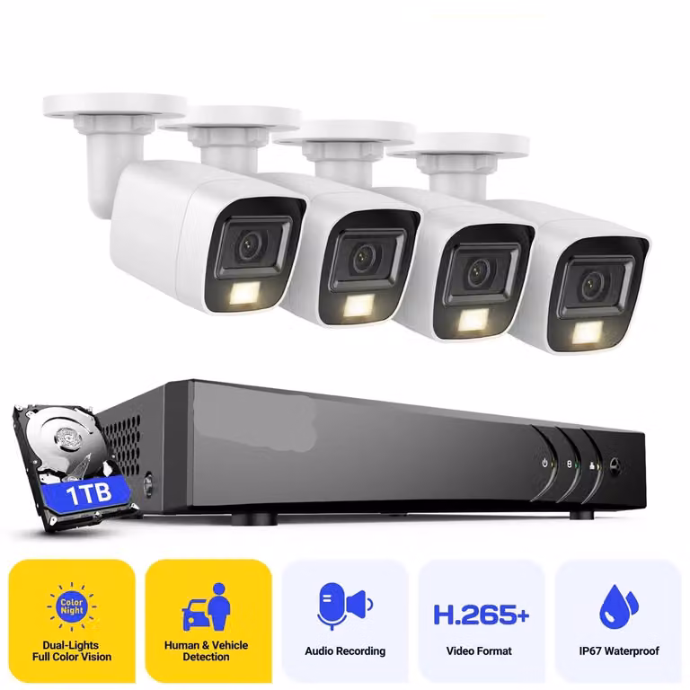Telecamere di sicurezza – Sistema di videosorveglianza impermeabile – 5MP – DVR a 8 canali e HDD da 4TB – 4 telecamere bullet