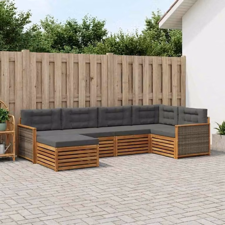 Set di divani da esterno vidaXL a forma di L composto da 6 pezzi in legno di acacia con cuscini in tessuto beige e antracite
