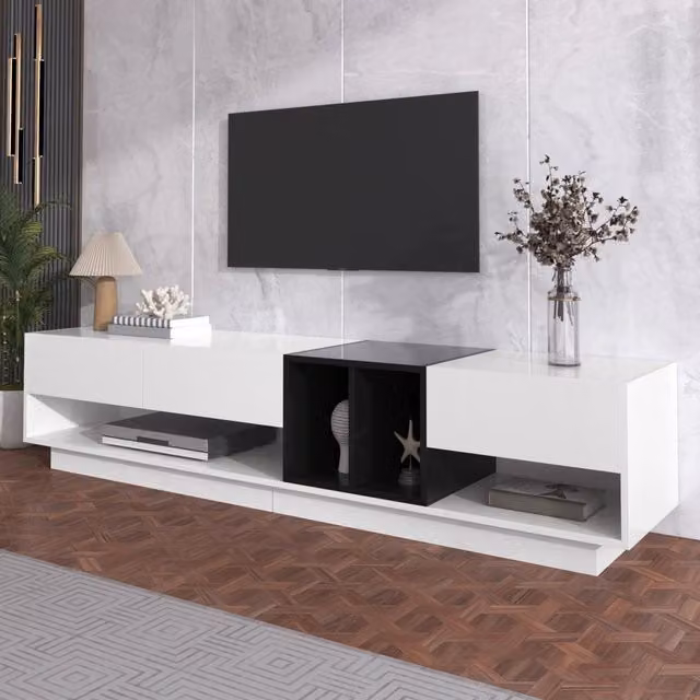 Mobile TV moderno WISHDOR in legno bianco e nero lucido con 3 cassetti e 2 vani aperti L: 190 cm, P: 40 cm, H: 42 cm