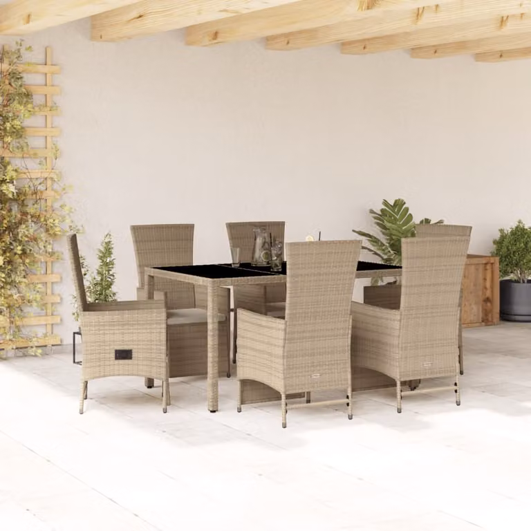 vidaXL Set da Pranzo da Giardino 7 pz in Polyrattan con Cuscini Beige e Piano in Vetro