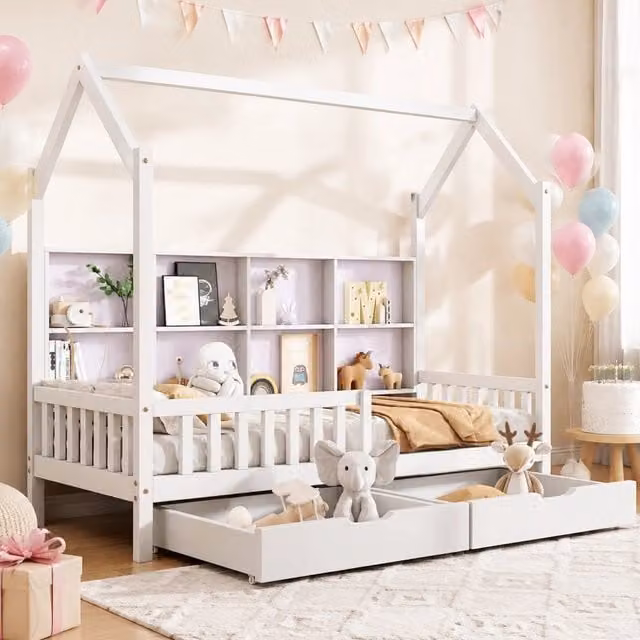 Letto a casetta per bambini 90x200 cm in pino bianco con libreria; 2 cassetti e sponde