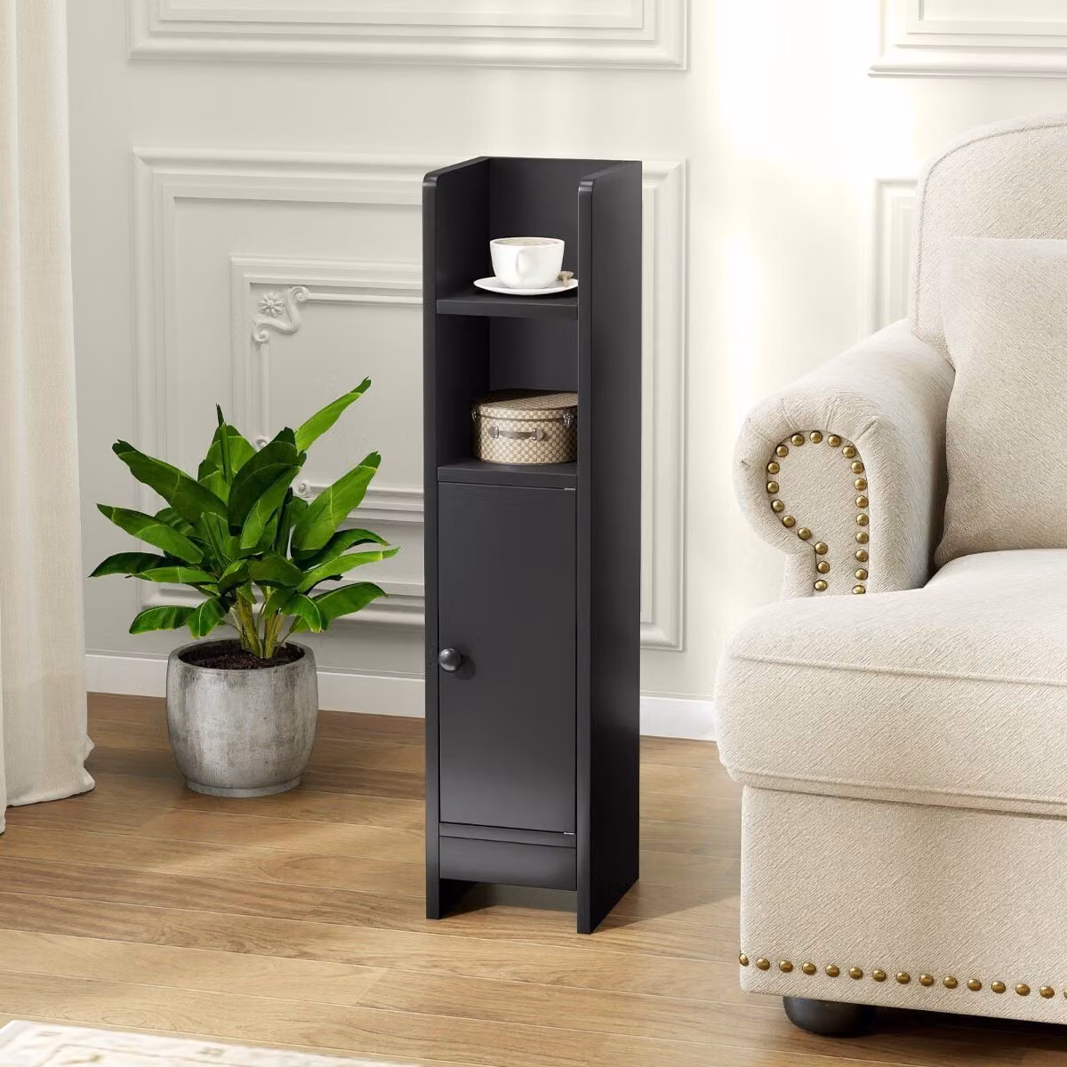 Set di 2 mobili da angolo Costway per bagno, ripostiglio freestanding con ante a cerniera e ripiani interni regolabili, colore nero opaco
