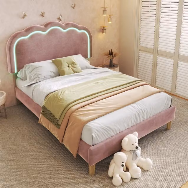 Letto singolo ULEVR 90x190 cm in velluto rosa con testiera regolabile e LED multicolore