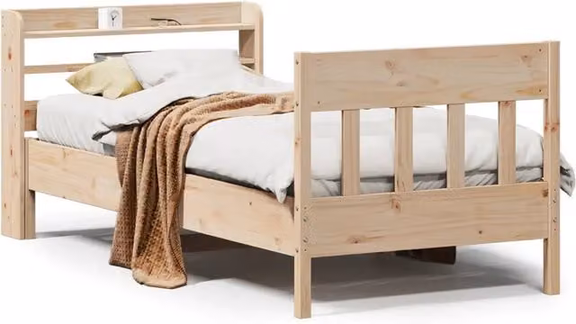 Letto singolo per adulti in legno massello di pino non trattato con ripiano laterale, stile rustico, colore beige, L: 190 cm, P: 85 cm, H: 151 cm