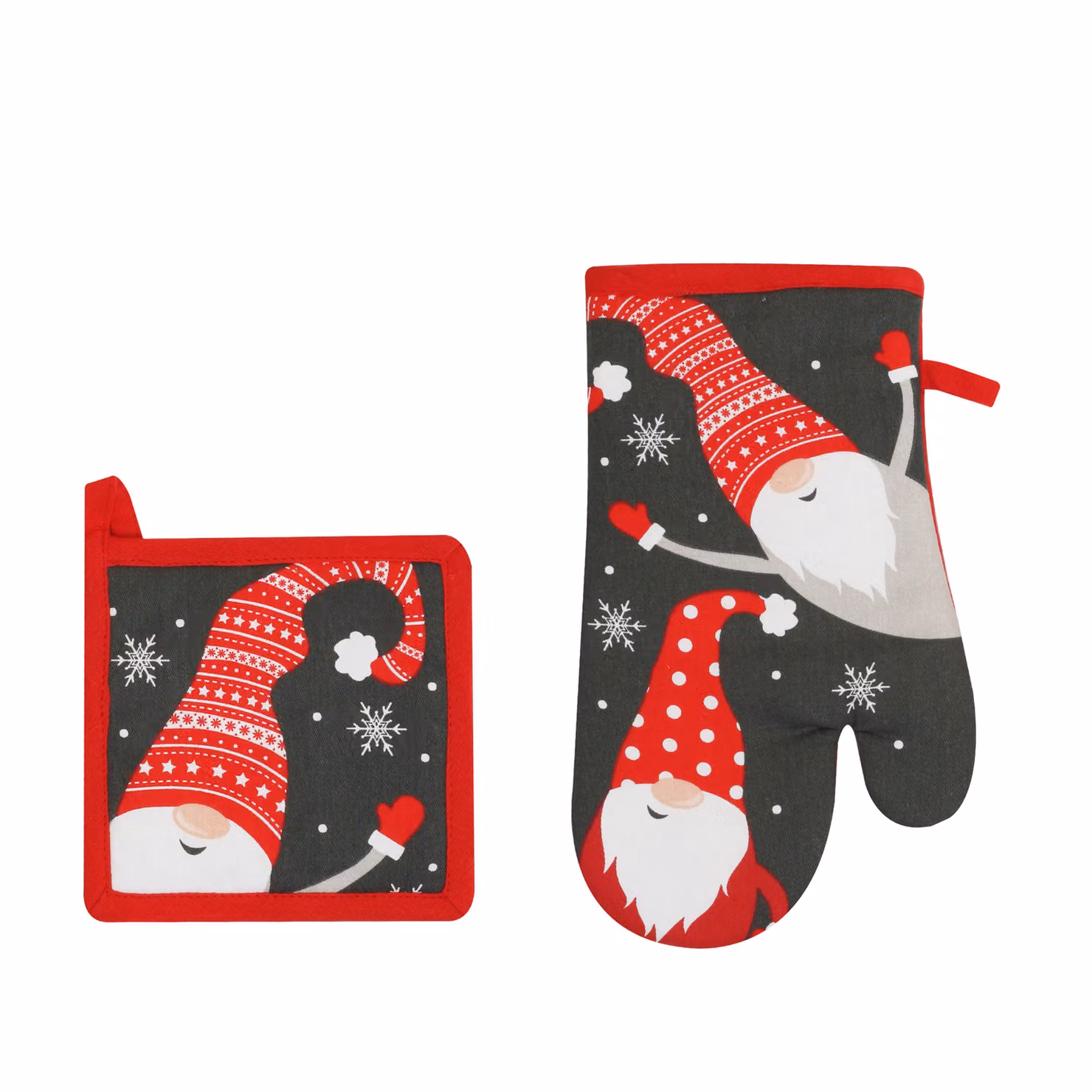 Set di guanto da forno e presina Kasanova con decorazione gnomi di Natale in cotone grigio – 2