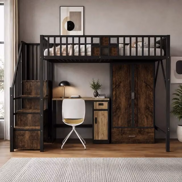 Letto a soppalco 90 x 200 cm con armadio rimovibile; scala contenitore e cassetto; nero