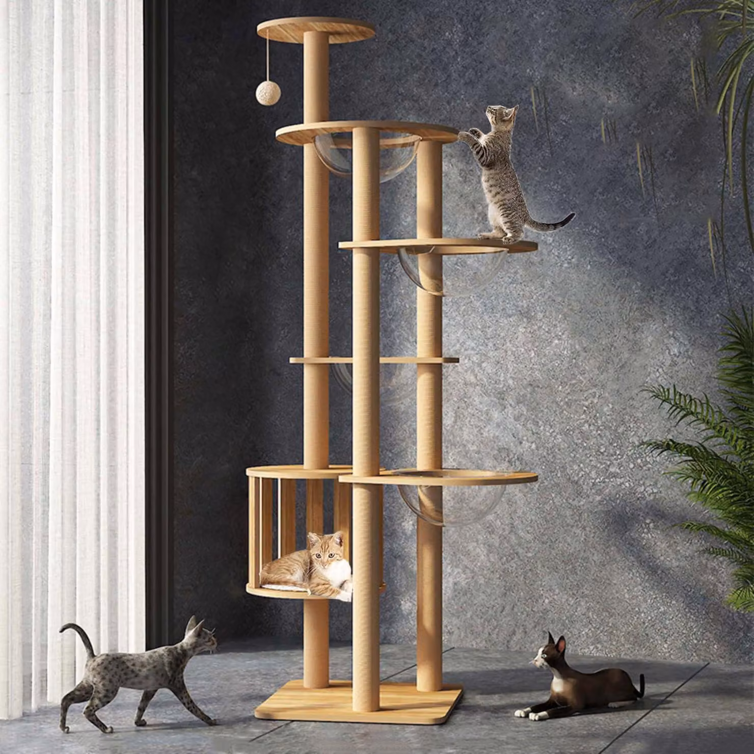 Albero per gatti robusto, alto 183 cm, con palo rivestito in juta e 4 rifugi