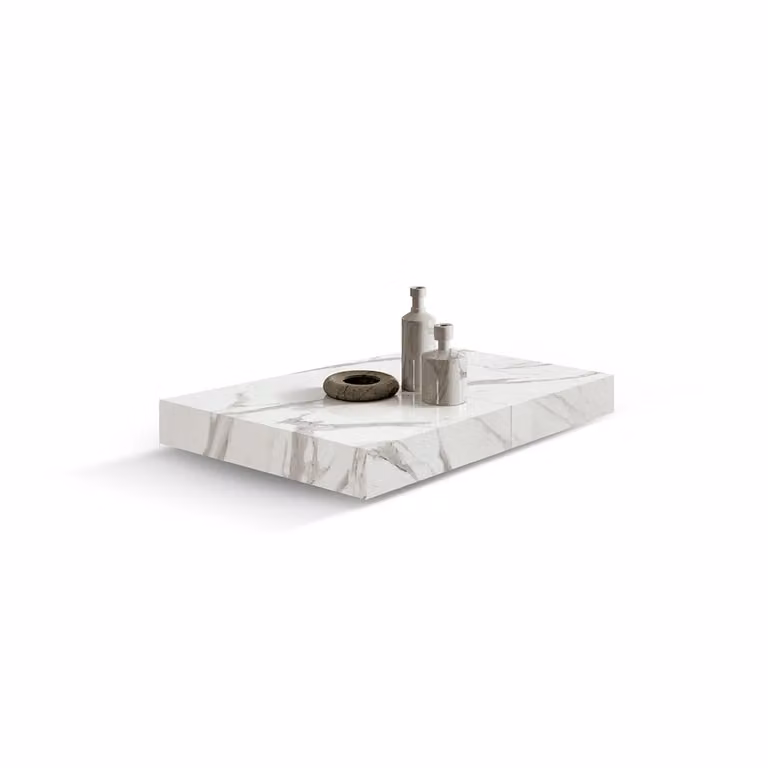 Tavolino CAMOGLI in legno, finitura bianco statuario e base in metallo nero trasformabile, 120×80 cm – 220×80 cm
