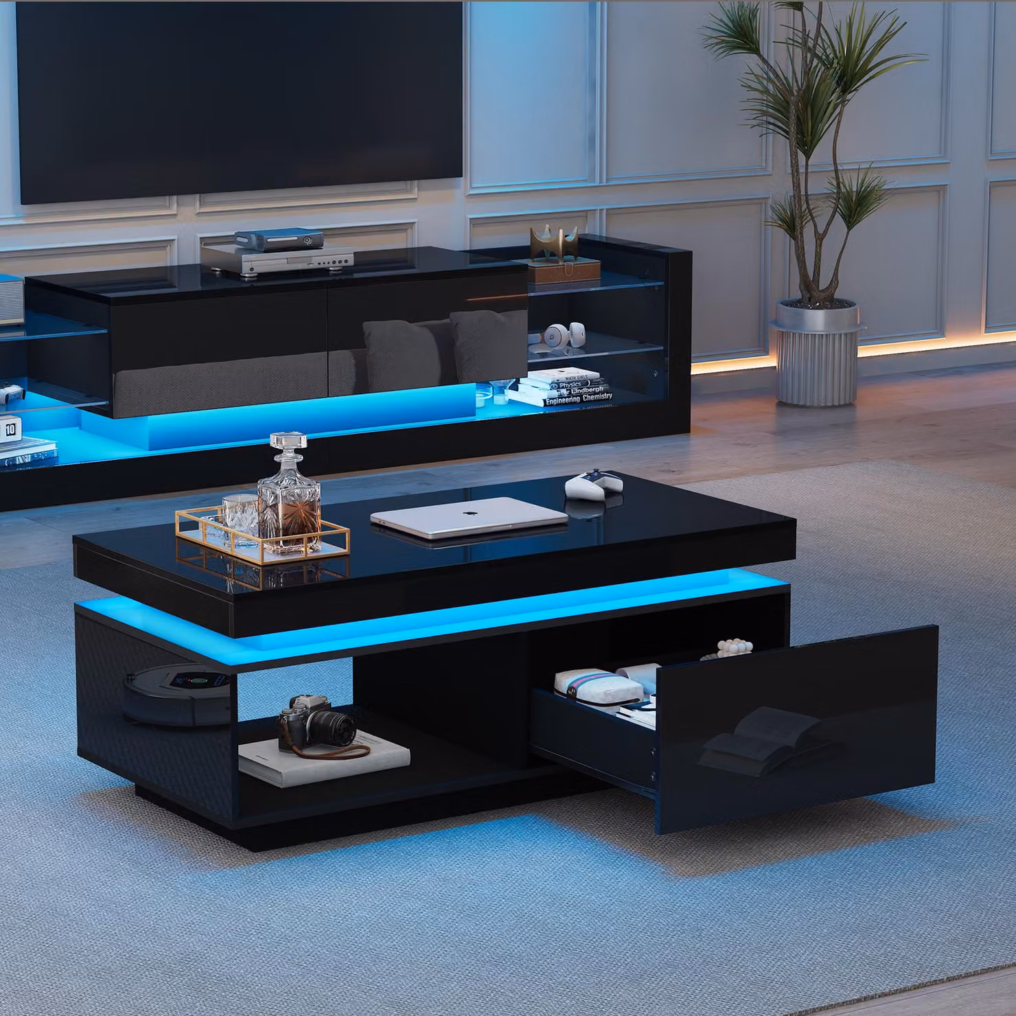 Tavolino Merax lucido con illuminazione a LED e ampio spazio di archiviazione, elegante tavolo da soggiorno con cassetto, tavolo da divano con portata di 50 kg, nero