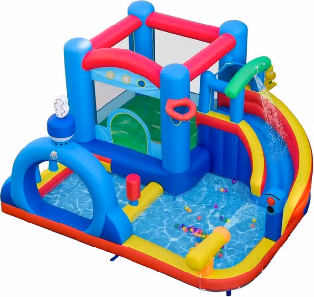 Scivolo gonfiabile ad acqua per bambini multicolore con piscina, cannone ad acqua, giochi a bersaglio e basket in PVC e tessuto, L/P/H: 370 x 360 x 204 cm – 1