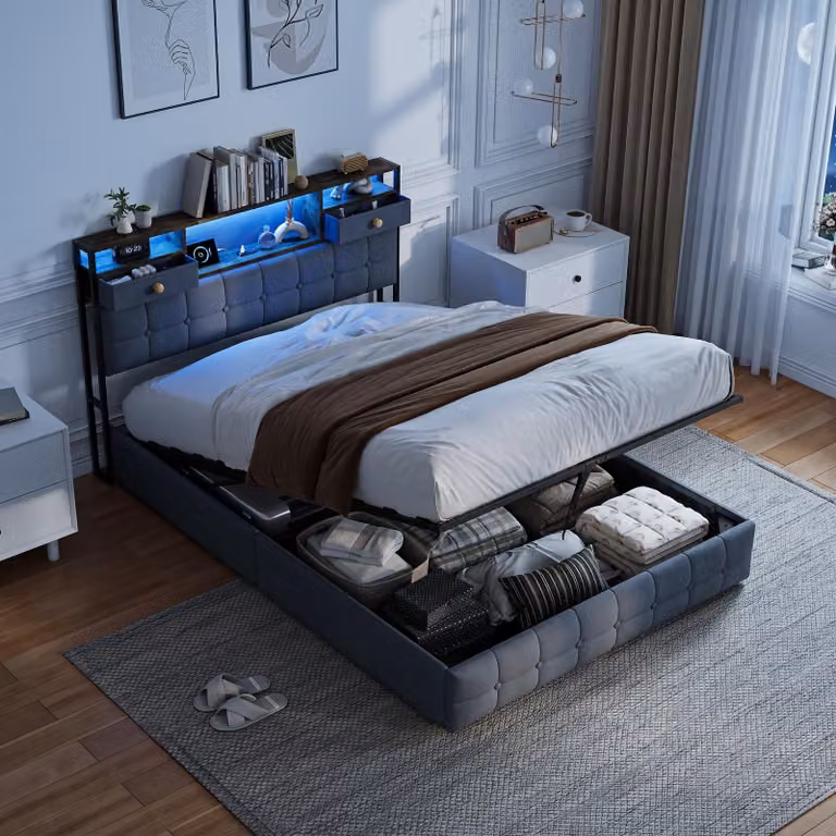 Letto contenitore con boxspring, dimensioni 140x200 cm, con illuminazione LED e prese USB, struttura per letto matrimoniale con rete a molle/sistema di sollevamento idraulico, imbottitura in velluto, colore grigio