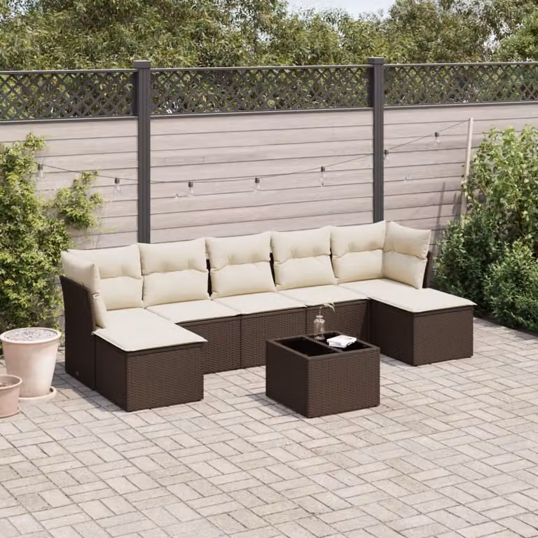 Set di divani da giardino vidaXL 8 pz in polyrattan marrone con cuscini e tavolino da esterno