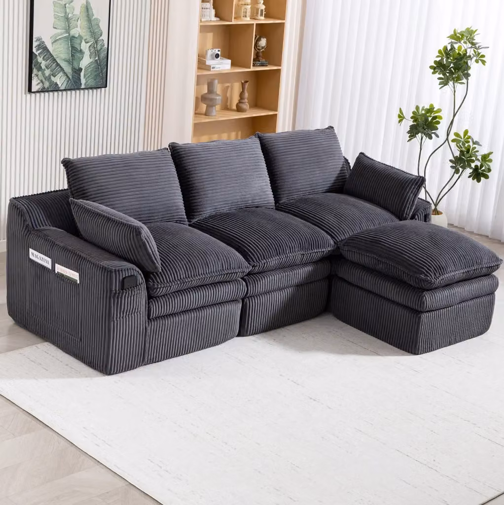 Divano Modulare a L REDOM in Velluto a Coste Grigio con Pouf e Cuscini, L/P/H: 263 x 167 x 85 cm – 2