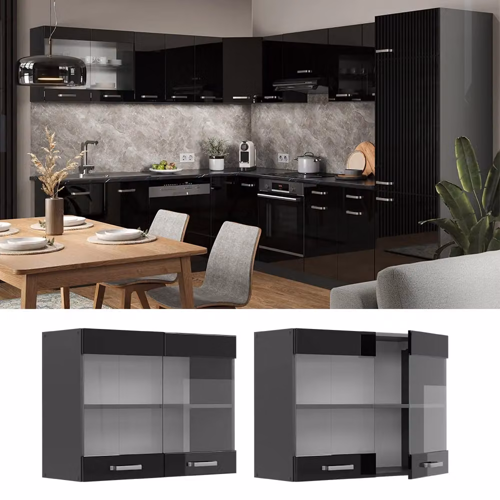 Pensile da cucina Vicco R-Line Nero lucido e Antracite con ante in vetro e ripiani interni L: 80 cm, H: 60 cm, P: 31 cm – 2