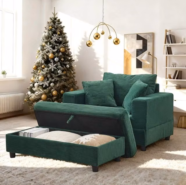 Chaise longue 107x74x57 cm in tessuto verde con vano portaoggetti, per spazi compatti –