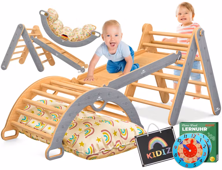 KIDIZ®: Struttura da gioco Montessori 7in1, set completo con struttura per arrampicata, scivolo, triangolo da arrampicata in legno, inclusi cuscini, lavagna e orologio educativo. Area giochi indoor per bambini piccoli dai 1 ai 3 anni