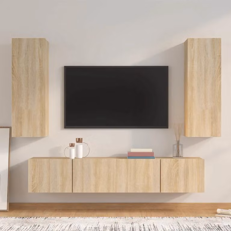 Set di mobili porta TV da 4 pezzi vidaXL in legno Rovere Sonoma, colore marrone e beige, design classico da parete per il tuo soggiorno
